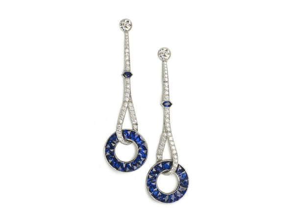 Art Deco Style Sapphire and Diamond Drop Earrings, Platinum