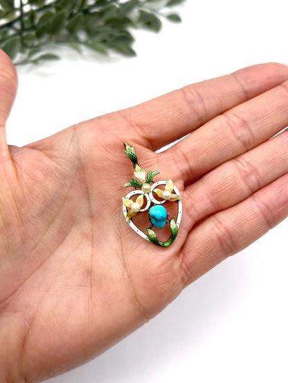 Antique 15ct Gold Heart Pendant/Brooch: Victorian Enamel, Turquoise, Seed Pearls