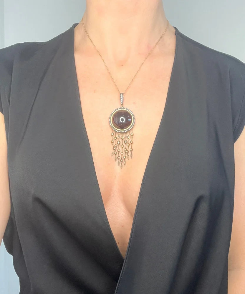 Victorian Antique Cabochon Garnet and Diamond Fringe Tassel Pendant