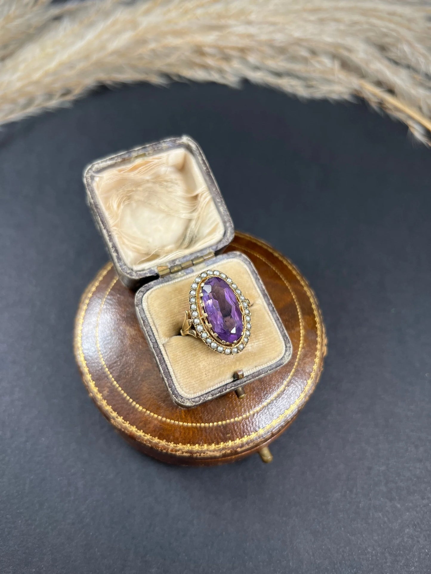 Vintage 9ct Gold, Hallmarked London 1966, Large Faceted Amethyst & Seed Pearl Cocktail Ring