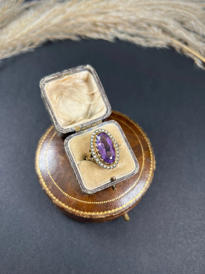Vintage 9ct Gold, Hallmarked London 1966, Large Faceted Amethyst & Seed Pearl Cocktail Ring