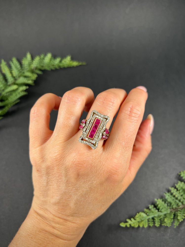 Edwardian Antique Ruby and Diamond Rectangular Cluster Tablet Plaque Ring