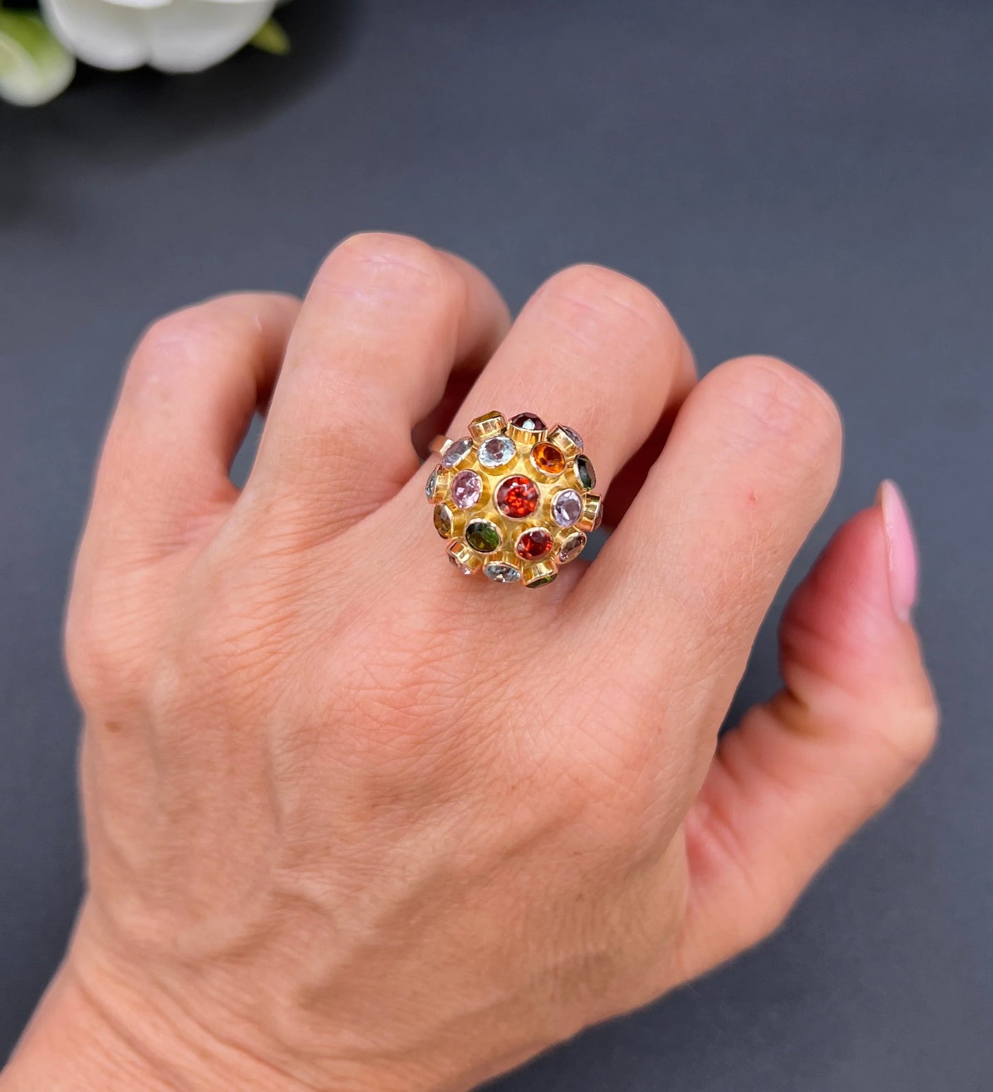Vintage 18 ct Gold, 1950's Gemstone Set Sputnik Orb Ring