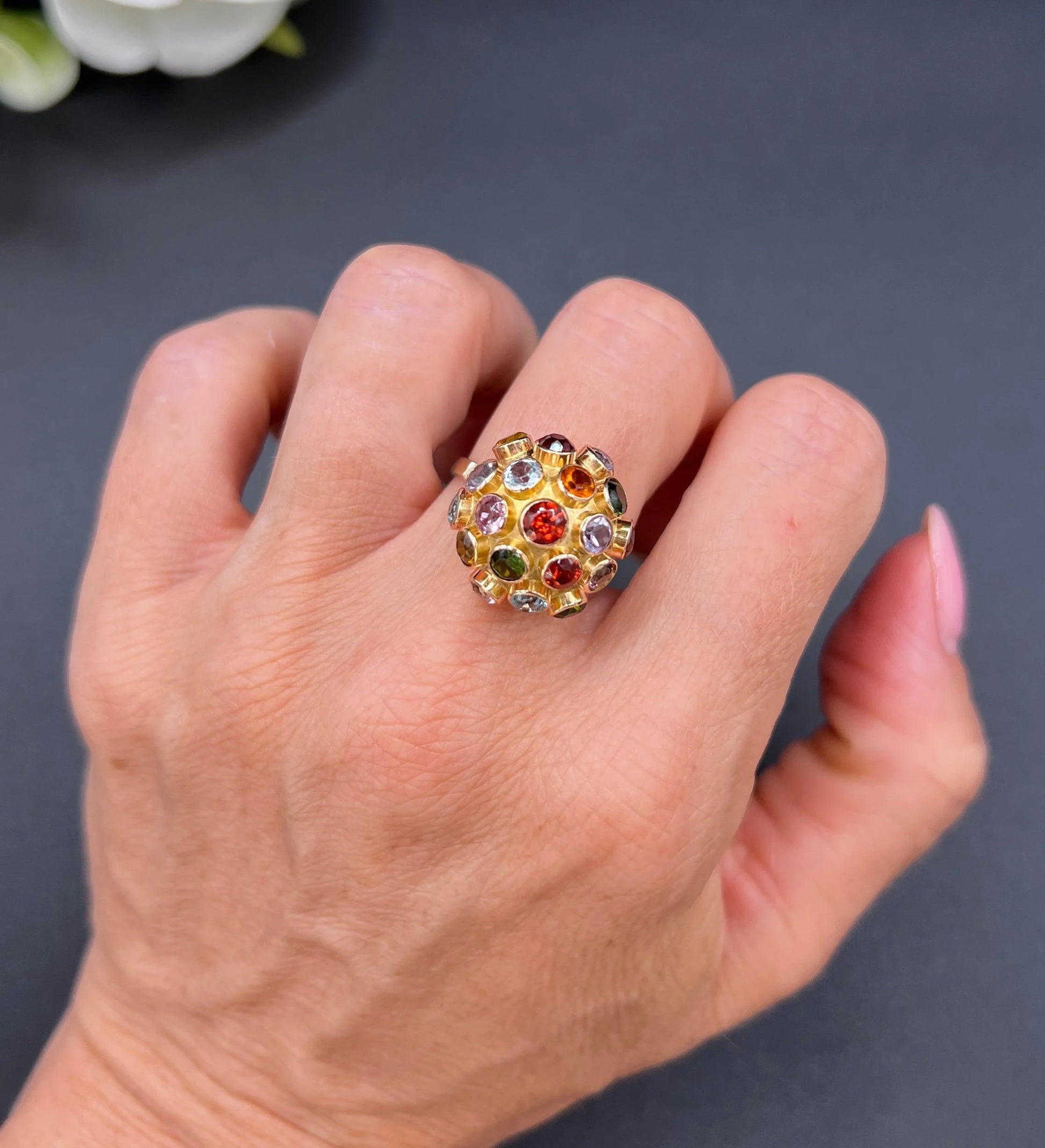 Vintage 18 ct Gold, 1950's Gemstone Set Sputnik Orb Ring