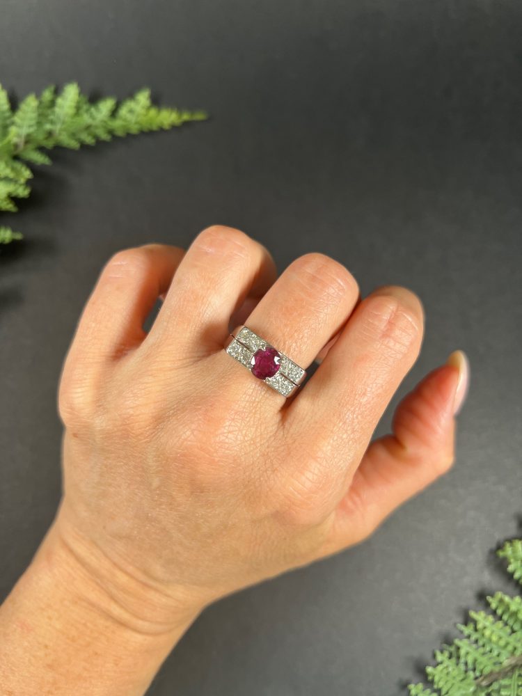 Vintage diamond and ruby cocktail ring in white gold.