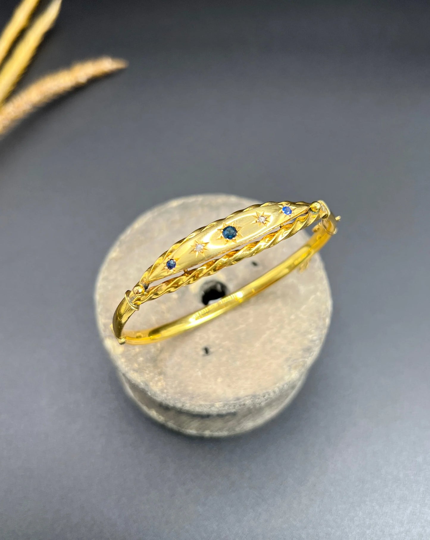 Antique 9 ct Yellow Gold, Edwardian Star Set Sapphire And Diamond Bangle