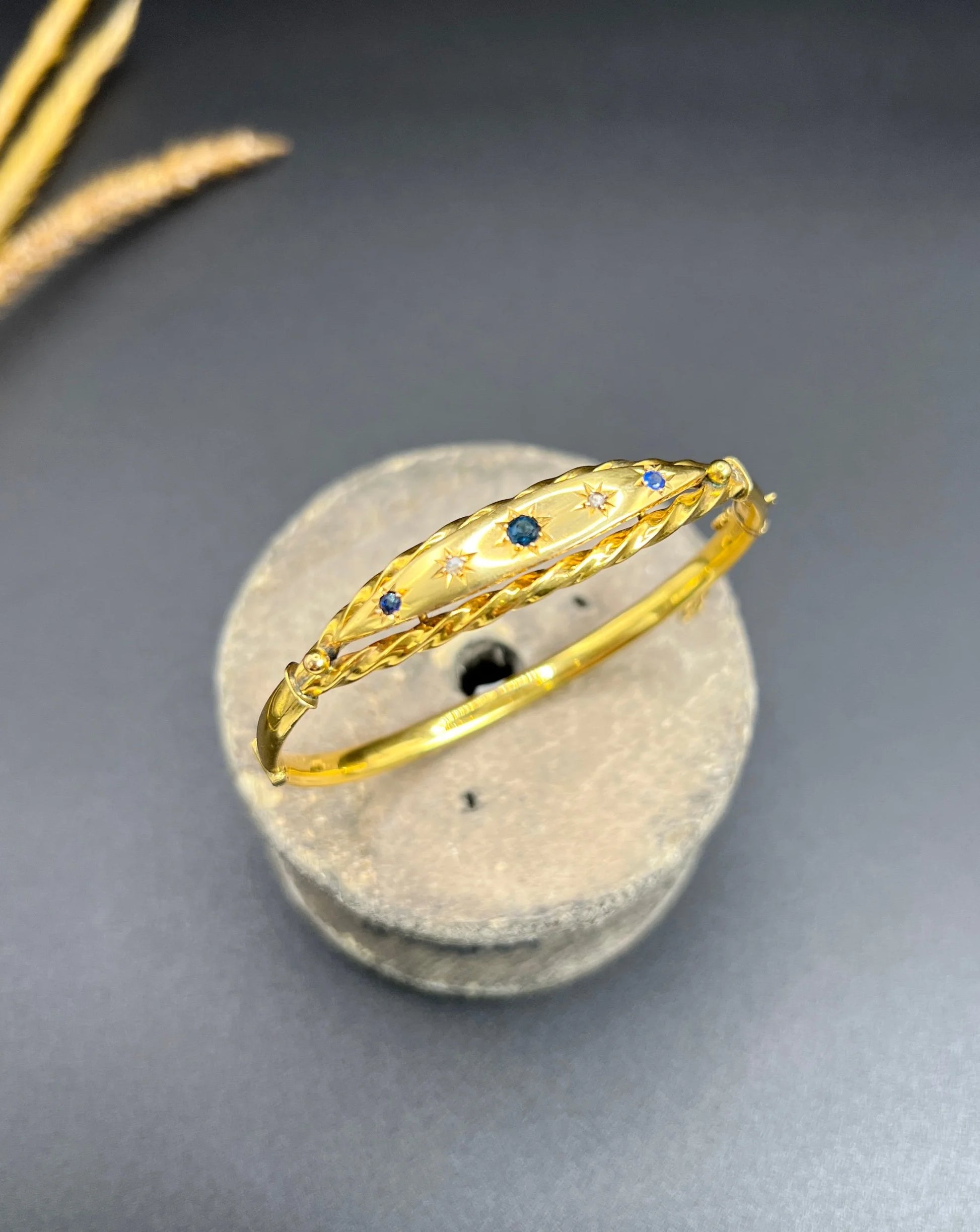 Antique 9 ct Yellow Gold, Edwardian Star Set Sapphire And Diamond Bangle