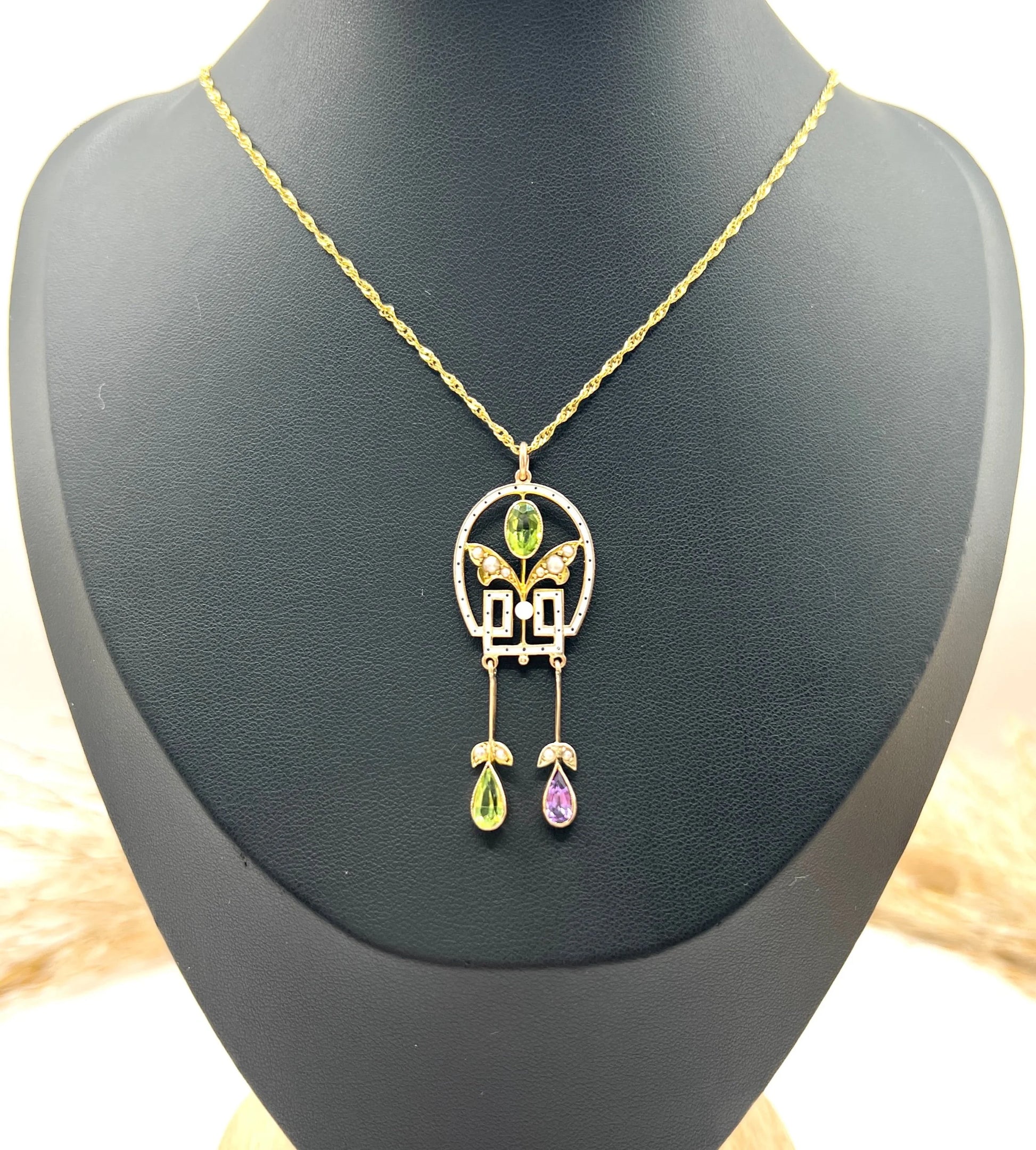 Antique 9 ct Gold, Edwardian Amethyst, Peridot, Seed Pearl And Enamel Suffragette Pendant