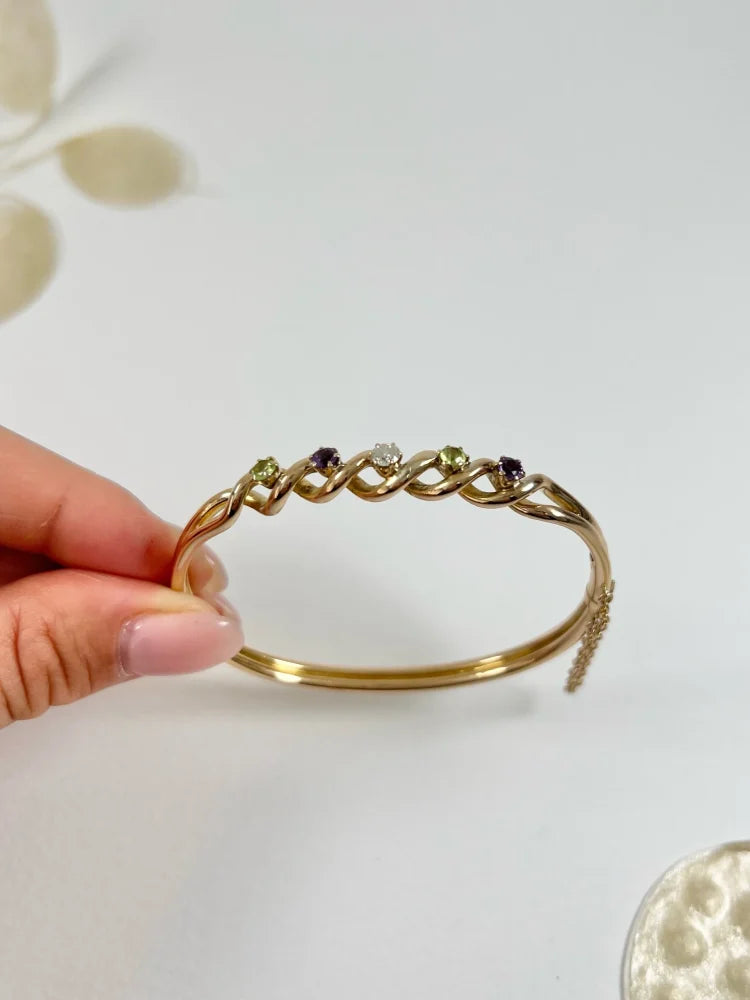 Antique 15 Carat Yellow Gold Suffragette Bangle with Amethyst, Peridot And Diamond Stones