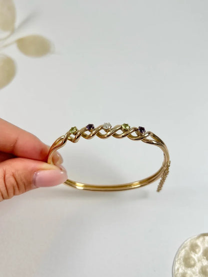 Antique 15 Carat Yellow Gold Suffragette Bangle with Amethyst, Peridot And Diamond Stones