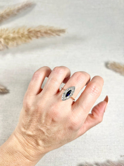 Edwardian 18 Carat Gold and Platinum Sapphire Diamond Marquise/Navette Ring