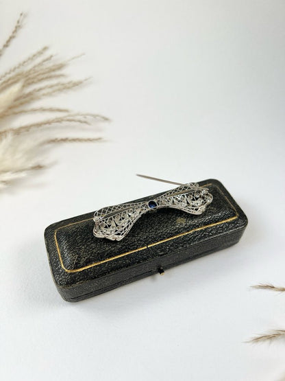 Antique Art Deco 3.4ct Old Cut Diamond and Sapphire Bow Brooch