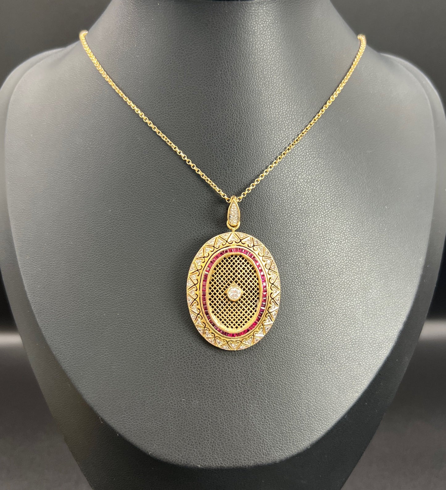 Vintage 18 Carat Gold Stamped Ruby And Diamond Oval Pendant