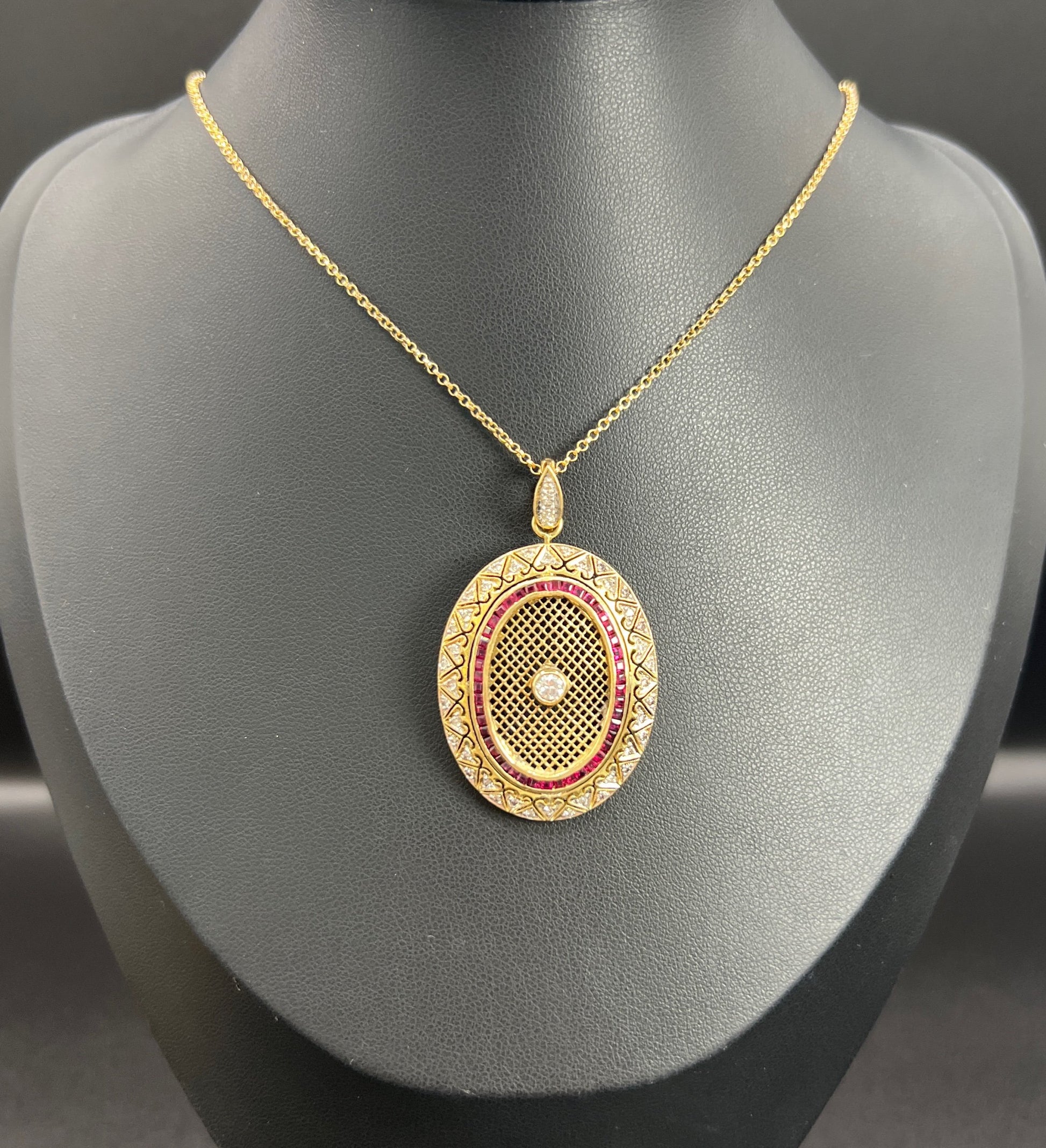 Vintage 18 Carat Gold Stamped Ruby And Diamond Oval Pendant