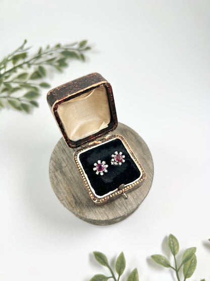 Preloved 18ct White Gold, Ruby & Diamond Cluster Stud Earrings