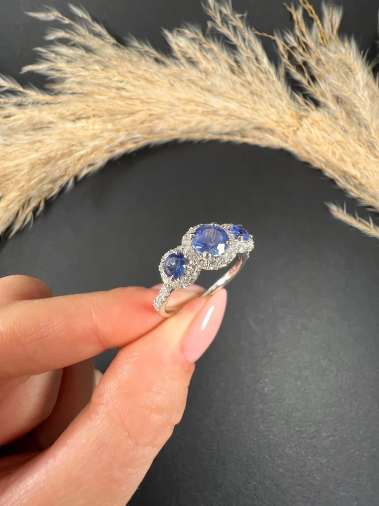 Sapphire And Diamond Cluster Trilogy Ring In Platinum