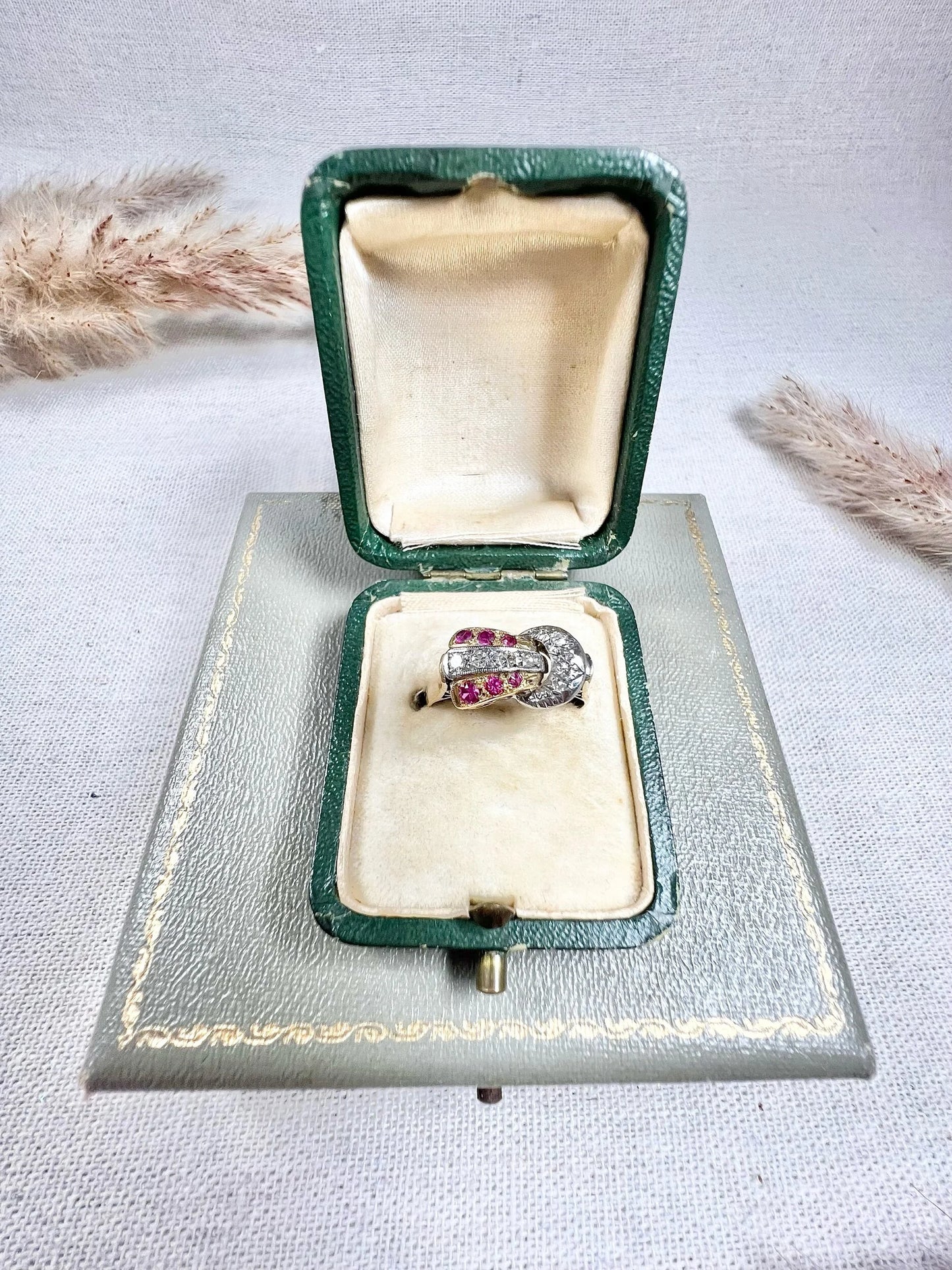 Vintage 1940s, 18ct Yellow & White Gold Ruby Diamond Set Buckle/Belt Cocktail Ring