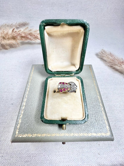 Vintage 1940s, 18ct Yellow & White Gold Ruby Diamond Set Buckle/Belt Cocktail Ring
