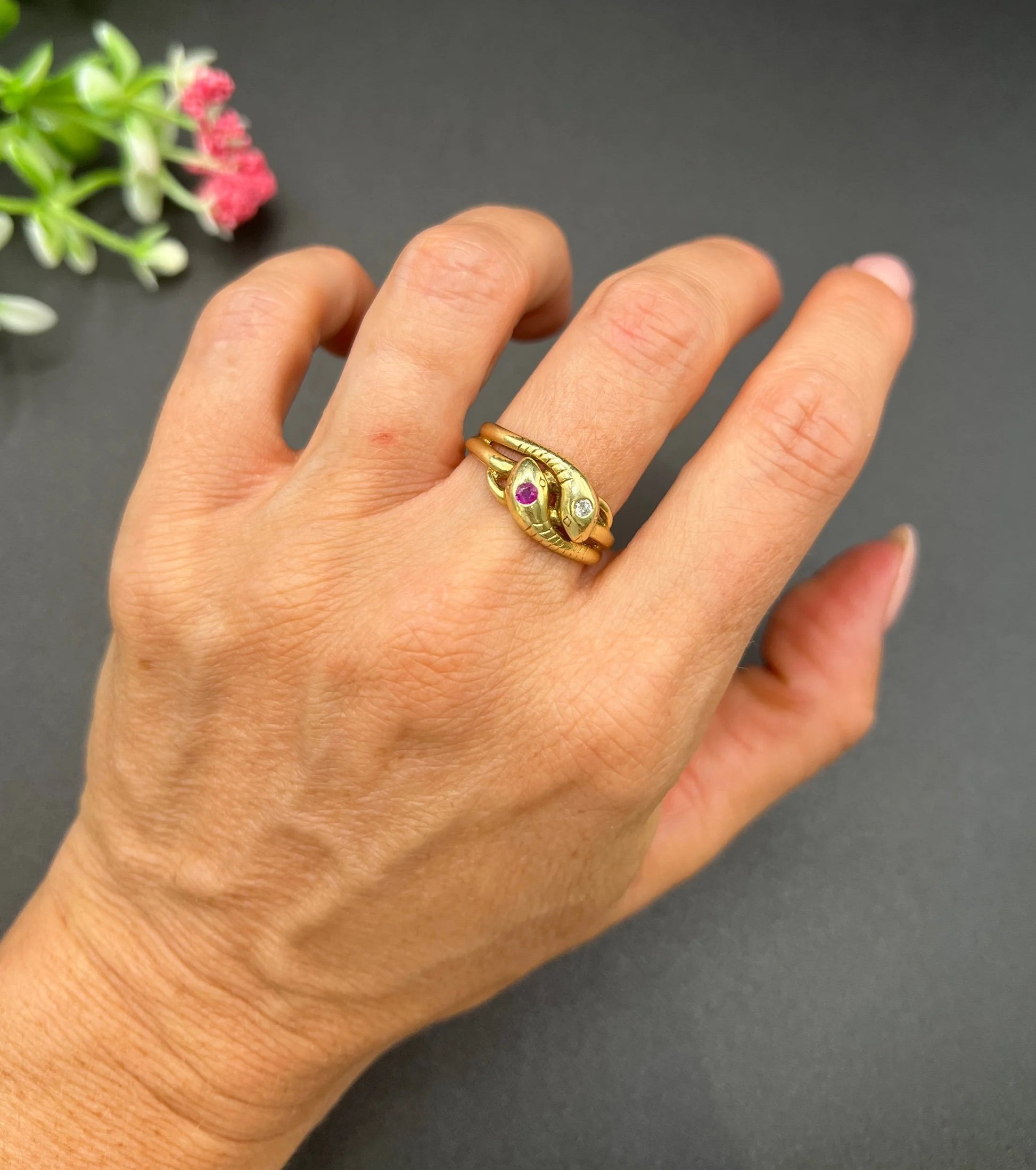 Vintage 14 Carat Yellow Gold Ruby and Diamond Double Headed Snake Ring, Circa 1930