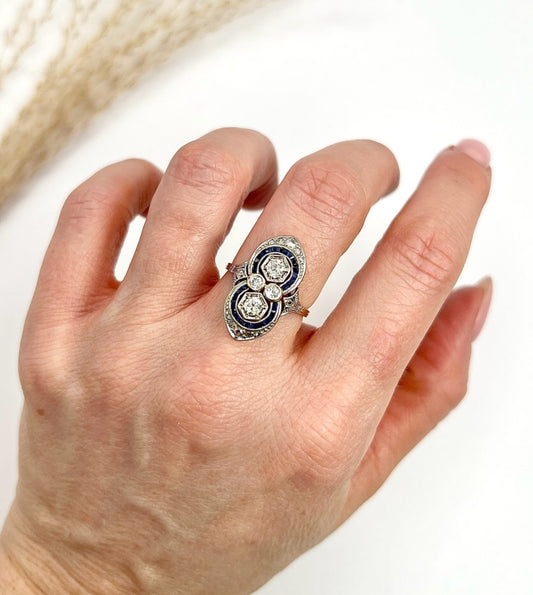 Antique Art Deco Diamond And Sapphire Ring In 18 Carat Yellow Gold And Platinum