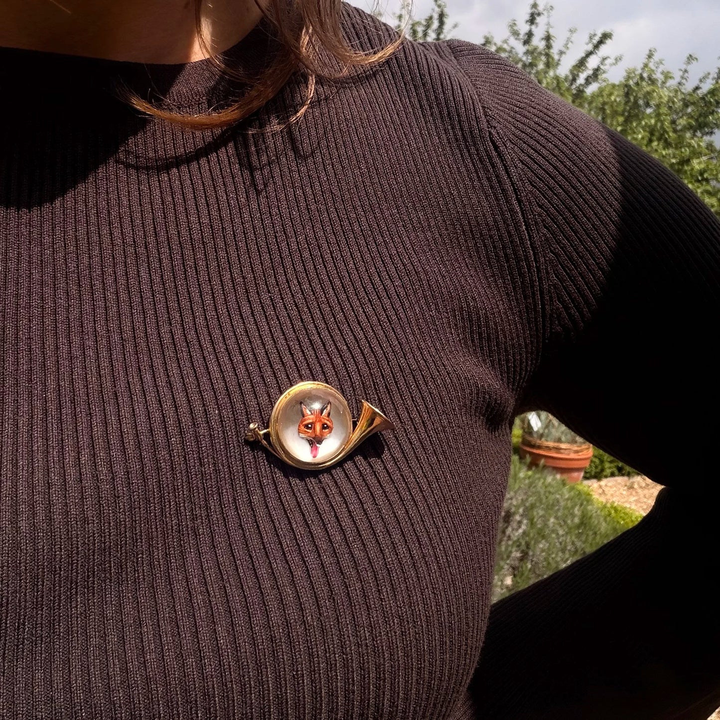 14KT Gold Essex Crystal Fox Hunting Horn Brooch, Circa 1910