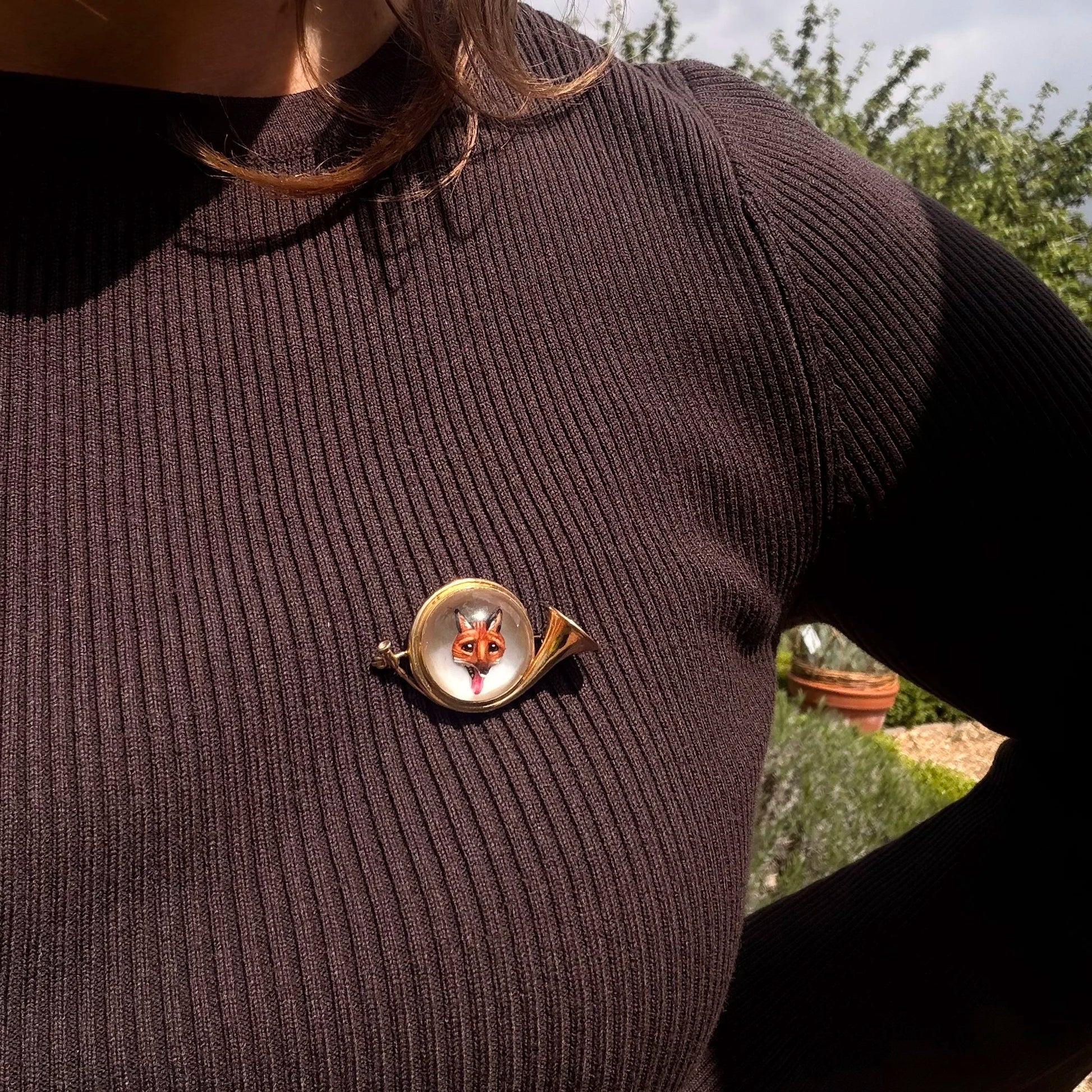 14KT Gold Essex Crystal Fox Hunting Horn Brooch, Circa 1910