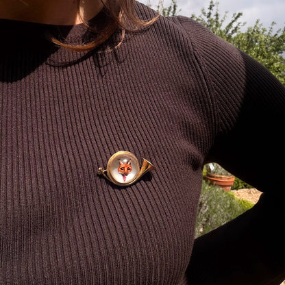 14KT Gold Essex Crystal Fox Hunting Horn Brooch, Circa 1910
