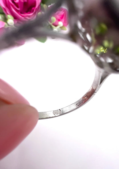 Close-up of stamps inside a white gold ring shank