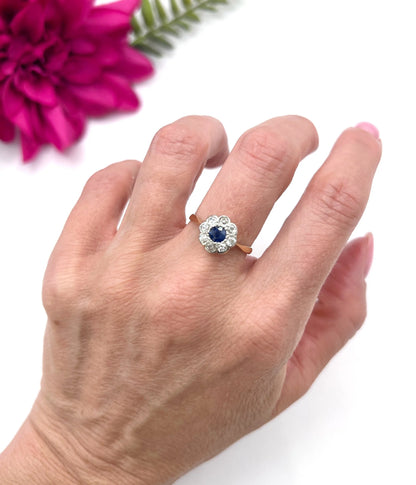 Antique 18 ct Yellow Gold And Platinum, Edwardian Sapphire And Diamond Daisy Cluster Ring