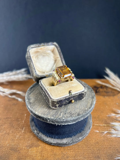 Vintage 18 Carat Yellow Gold Citrine and Cabochon Ruby Cocktail Ring, Circa 1940