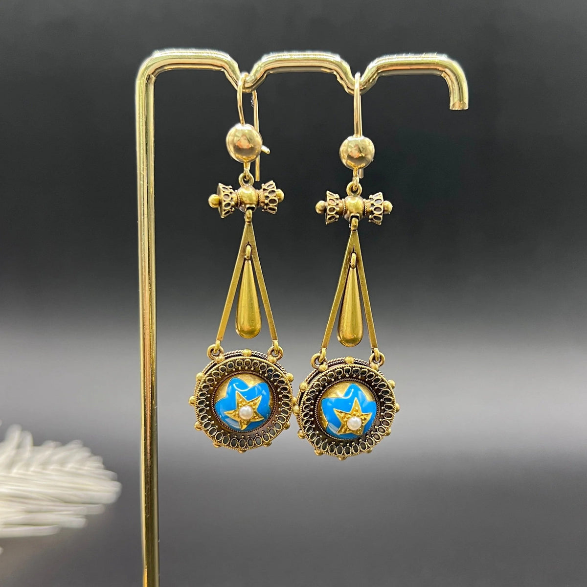 Early Victorian Antique Pearl and Turquoise Enamel Star Drop Earrings