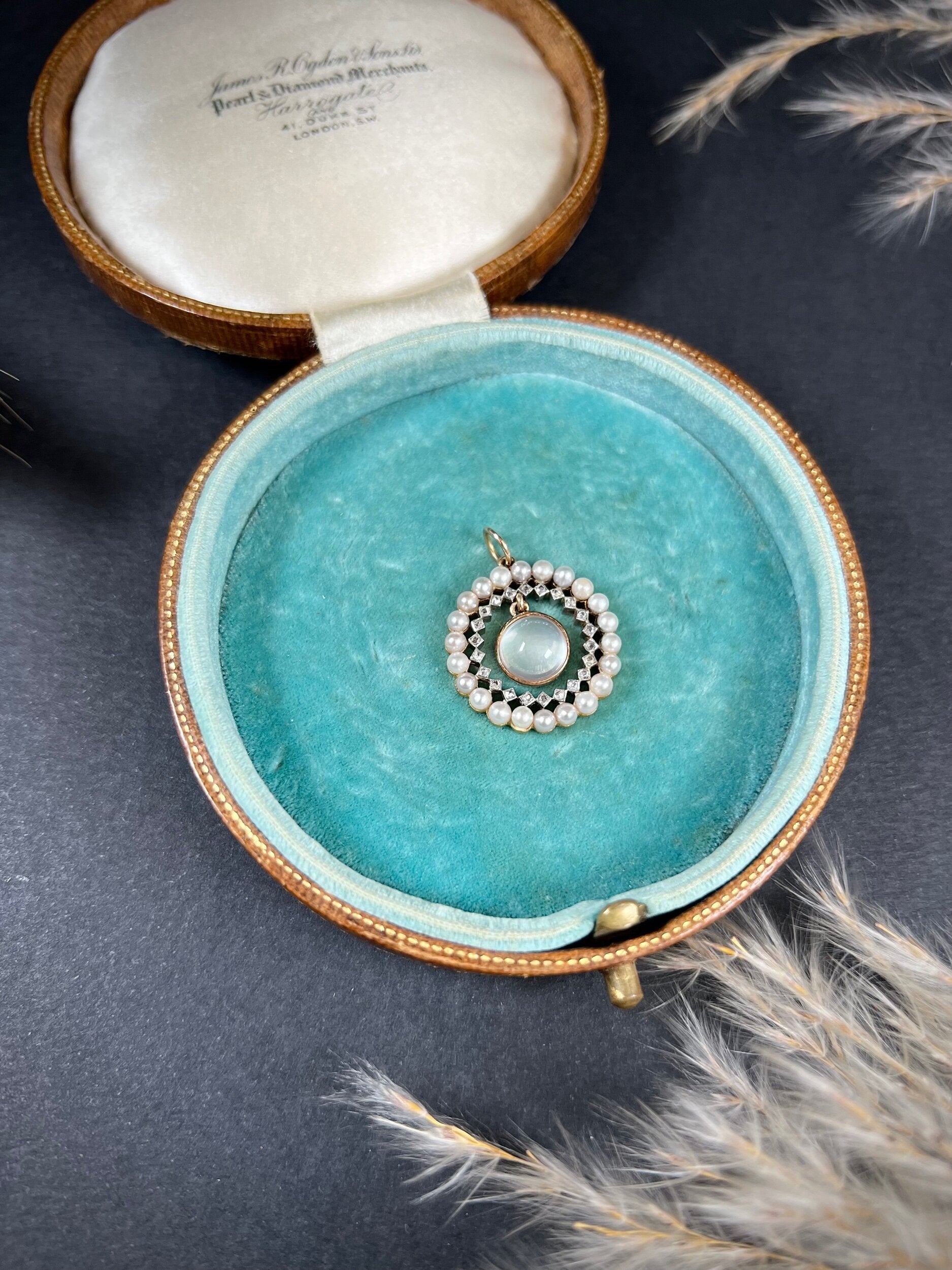 Antique 18 Carat Gold, Platinum, Moonstone, Diamond and Pearl Halo Pendant