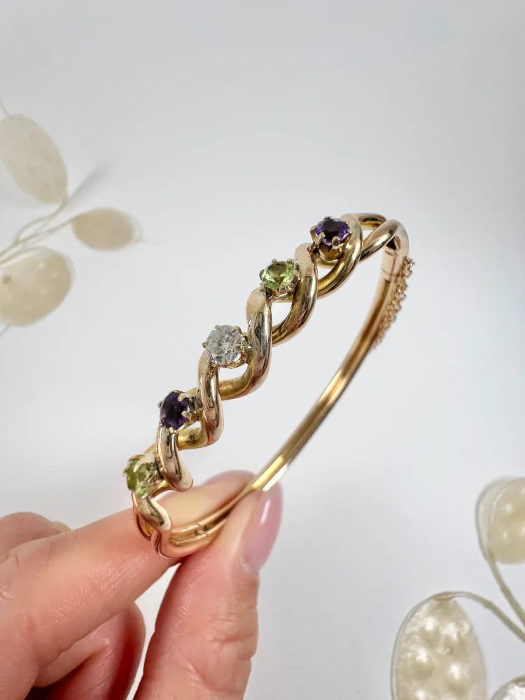 Antique 15 Carat Yellow Gold Suffragette Bangle with Amethyst, Peridot And Diamond Stones