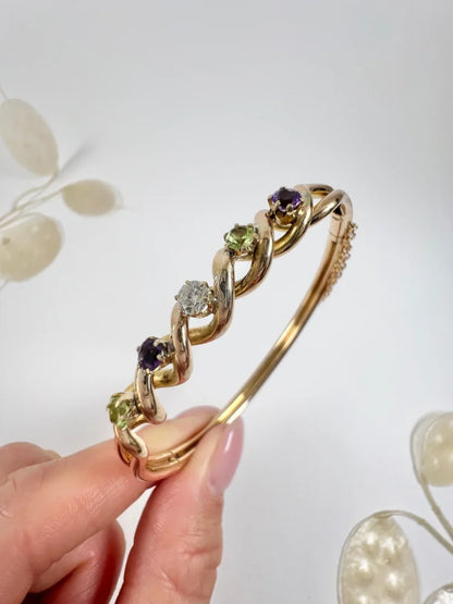 Antique 15 Carat Yellow Gold Suffragette Bangle with Amethyst, Peridot And Diamond Stones