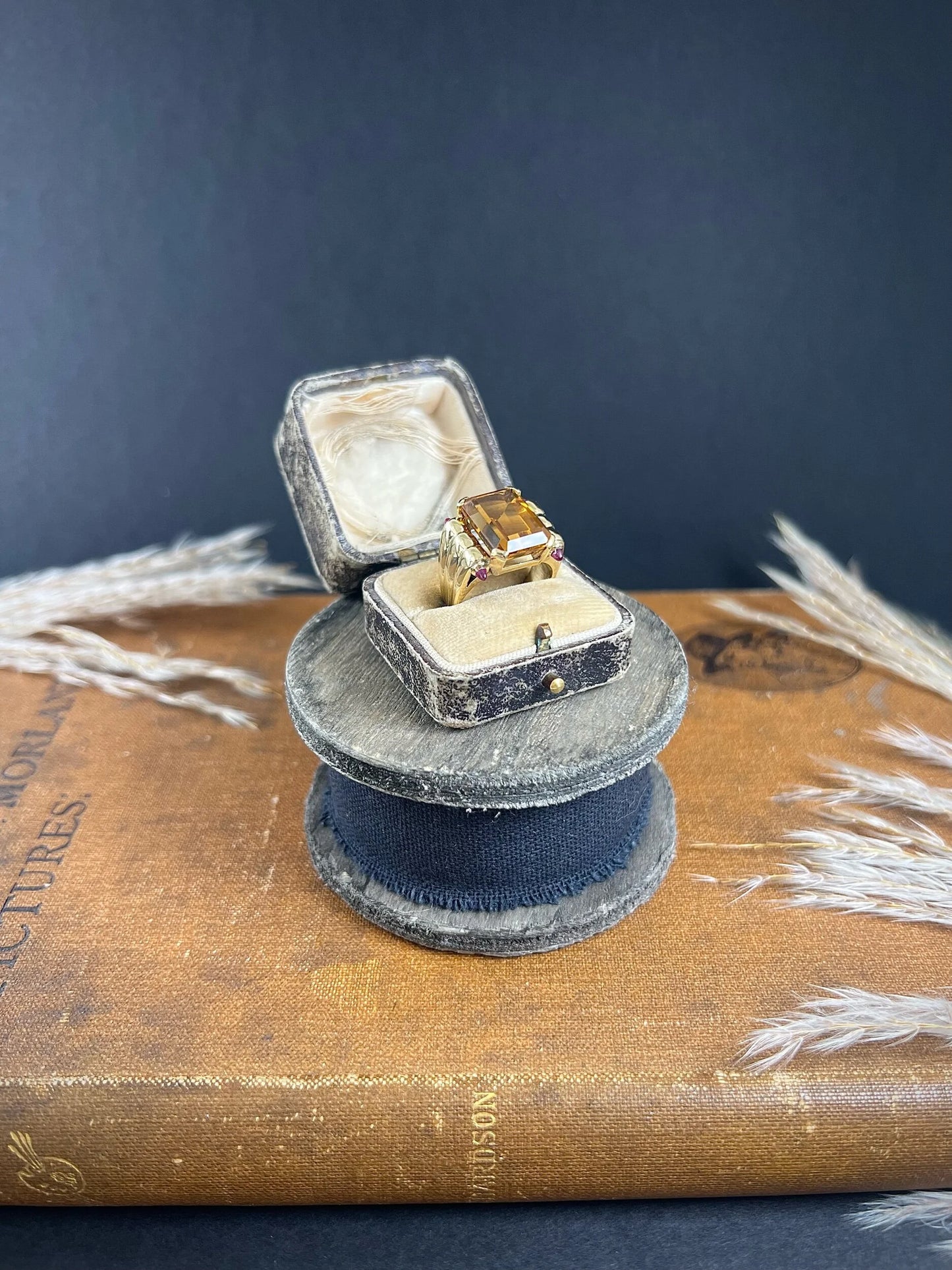 Vintage 18 Carat Yellow Gold Citrine and Cabochon Ruby Cocktail Ring, Circa 1940