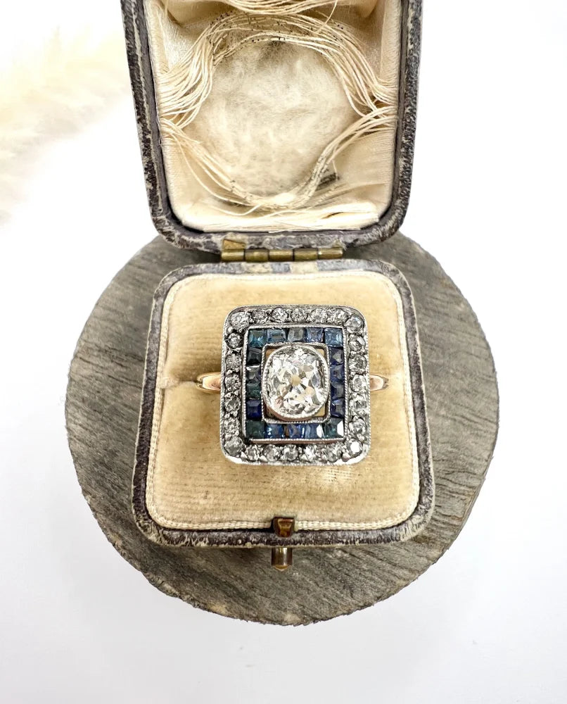 Edwardian Antique Sapphire and Diamond Square Cluster Target Ring