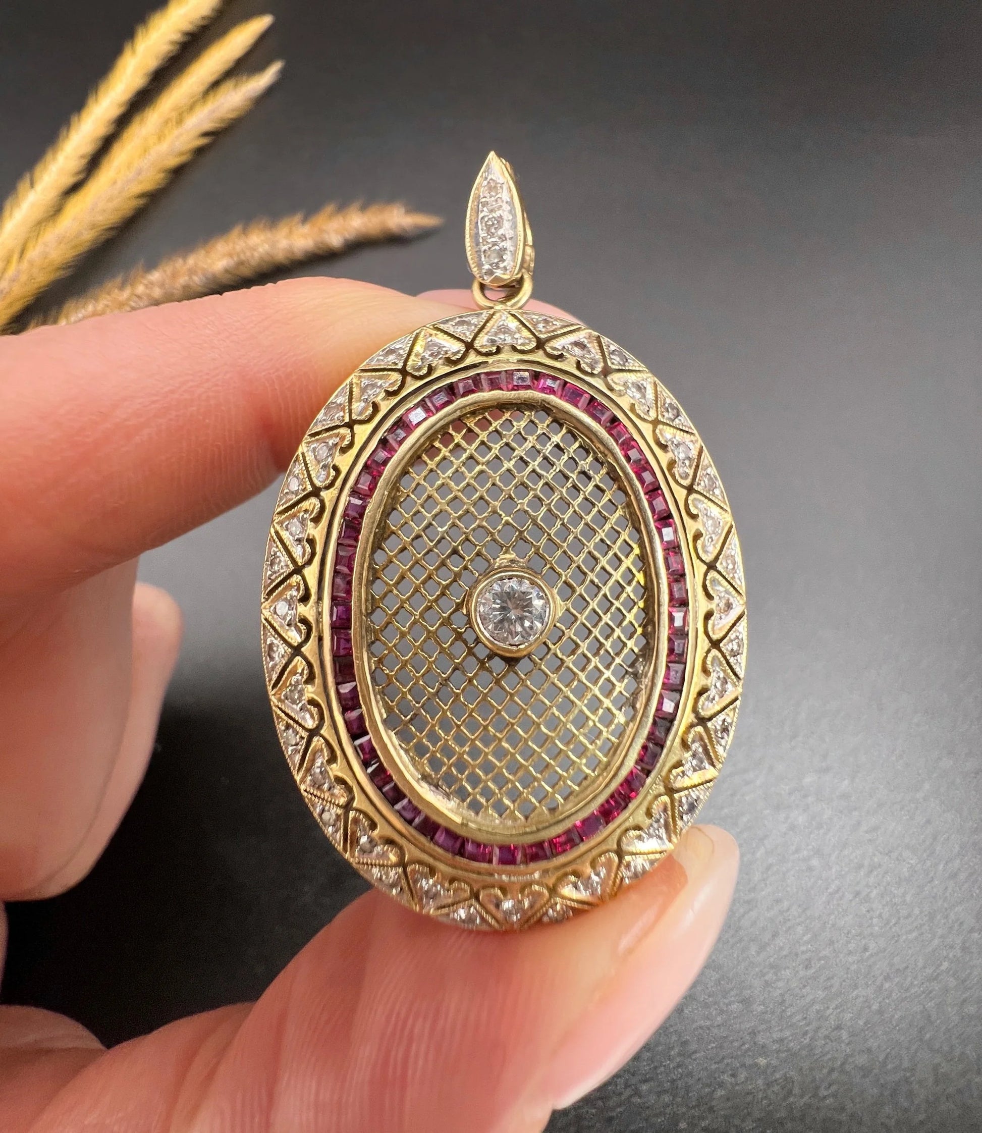 Vintage 18 Carat Gold Stamped Ruby And Diamond Oval Pendant