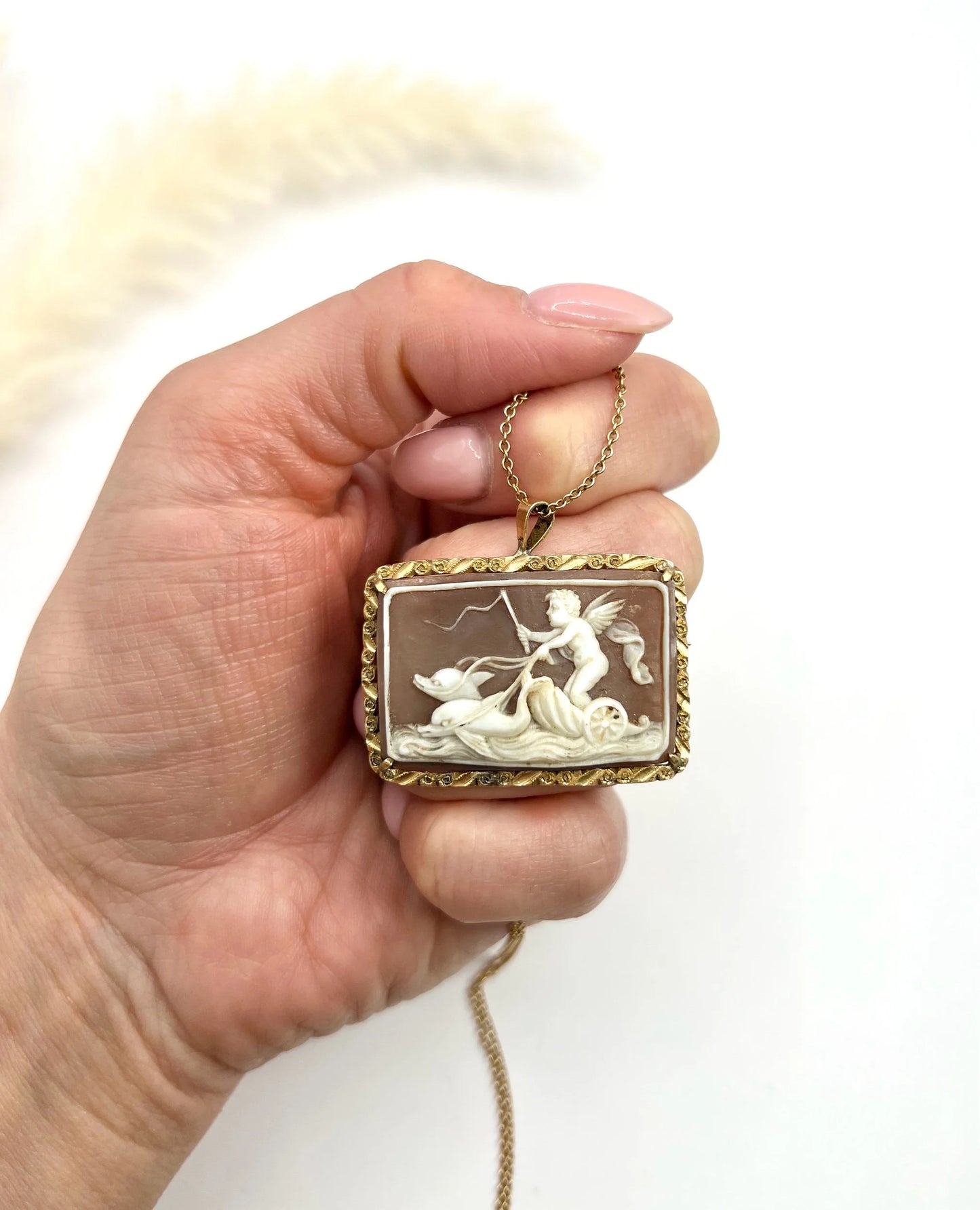 Victorian 18 Carat Gold Cherub, Eros and Dolphin Chariot Shell Cameo Pendant/Brooch