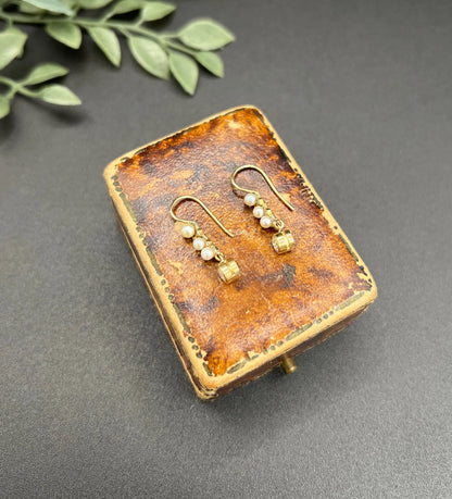 Antique 18ct Yellow Gold, 1920s Diamond & Pearl Drop Earrings, Occasion Jewellery, Bridal Jewellery