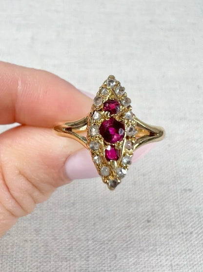Antique 18ct Gold, Victorian Ruby & Diamond Marquise Navette Shaped Ring