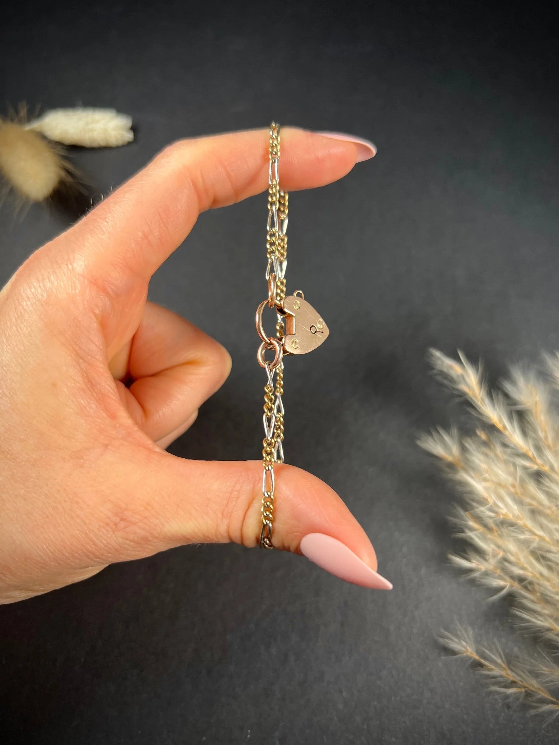 Antique 9 Carat Three Colour Gold Edwardian Heart Padlock Figaro Link Bracelet