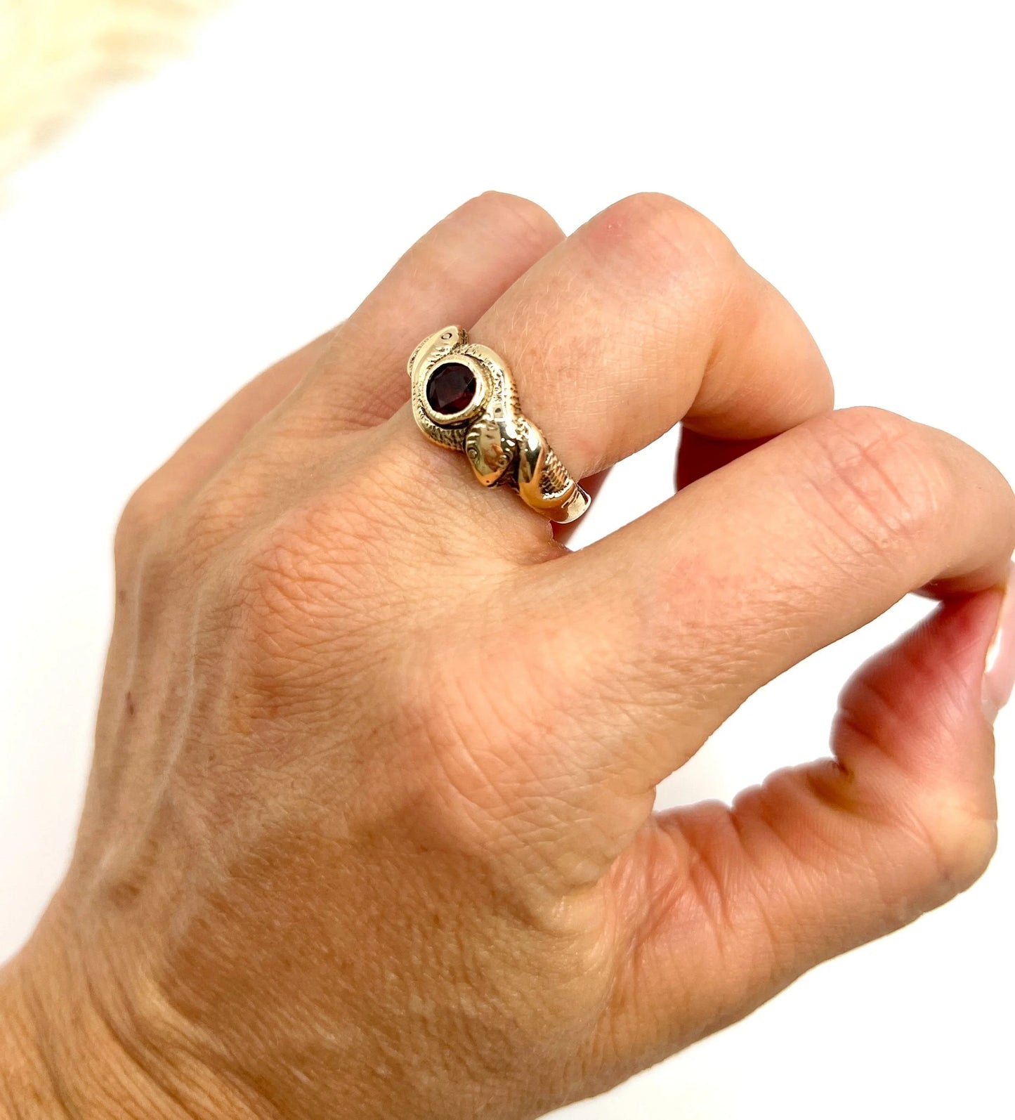 Edwardian 10 Carat Rose Gold Garnet Double-Headed Snake Ring, Circa 1910