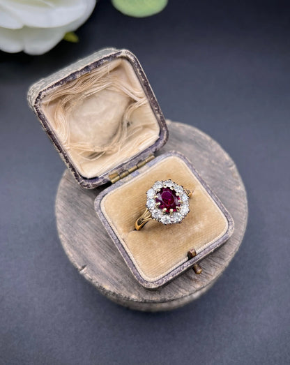 Vintage 18ct Gold, 1950s Ruby & Diamond Cluster Ring