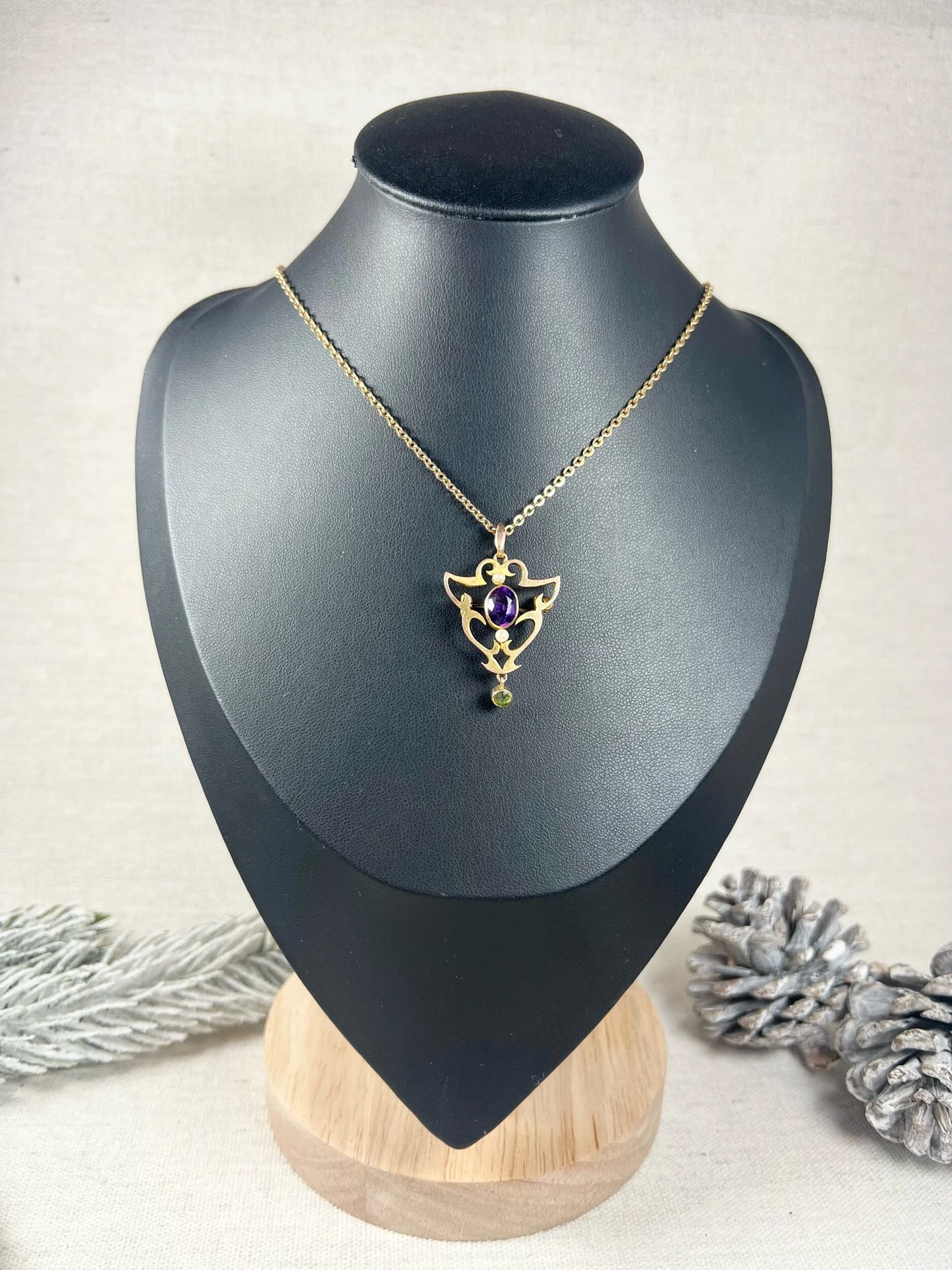 Antique 9ct Gold, Edwardian Amethyst, Pearl & Peridot Suffragette Pendant/Brooch