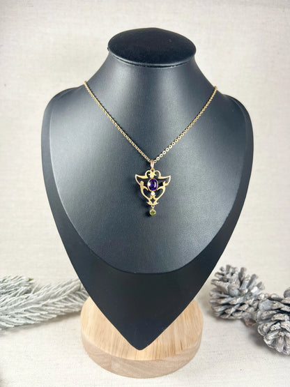 Antique 9ct Gold, Edwardian Amethyst, Pearl & Peridot Suffragette Pendant/Brooch