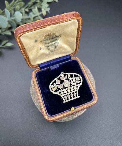 Belle Epoque 18 Carat Gold, Platinum, Diamond and Pearl Flower Basket Brooch/Pendant
