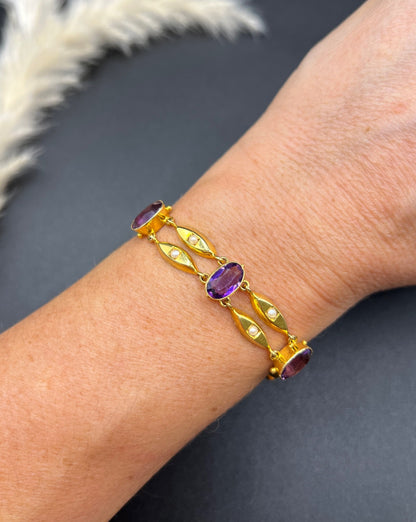 Antique Art Nouveau 15 Carat Yellow Gold Amethyst and Seed Pearl Two Row Bracelet