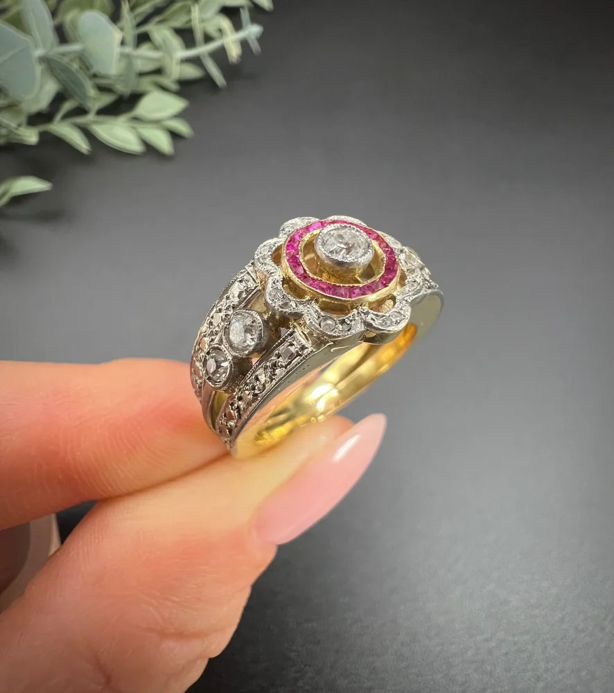 Antique 18 Carat Yellow Gold And Platinum Cocktail Ring With Diamonds And Rubies