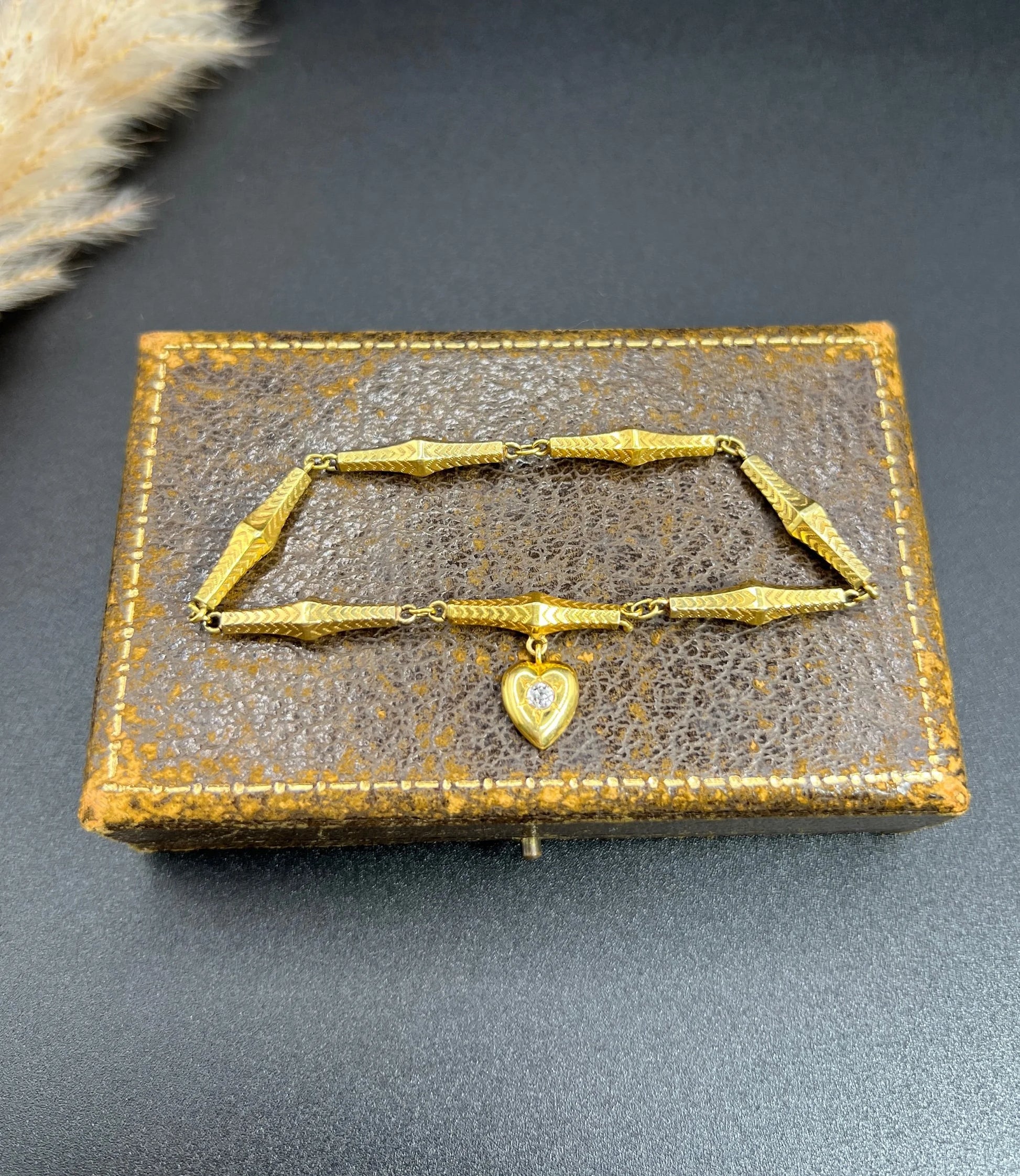 Antique 15 ct Yellow Gold, Georgian Fancy Link, Diamond Set Heart Charm Bracelet