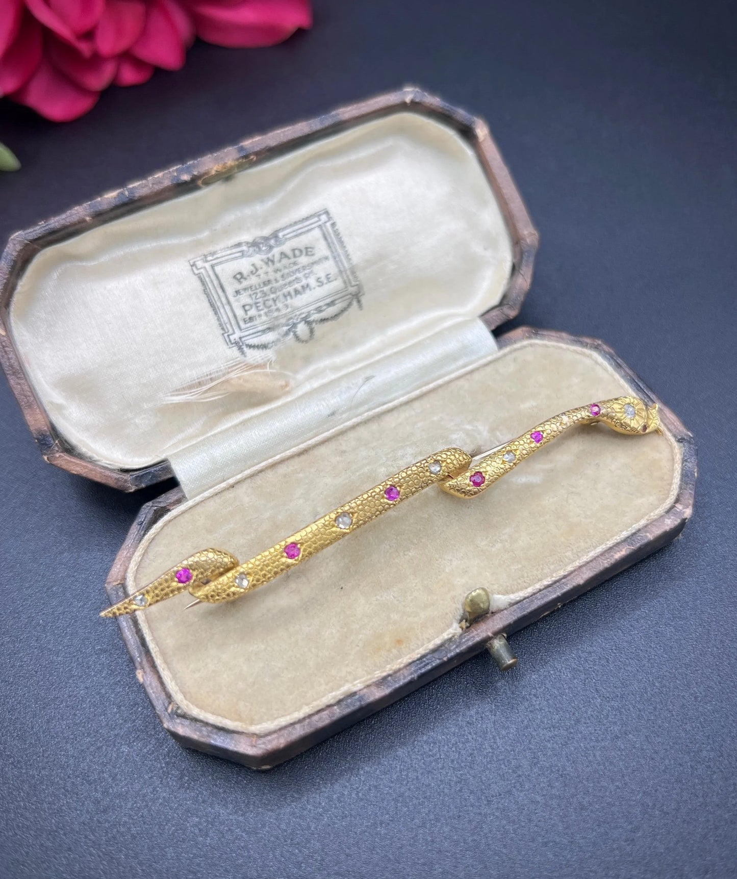 Antique 18ct Gold, Edwardian Ruby & Diamond Snake Brooch
